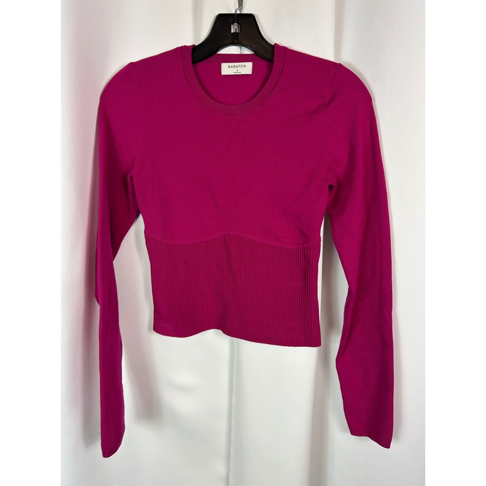 Babaton Sculpt Knit Magenta Pink Solid Long Sleeve Cropped Sweater Chic Small